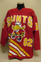 This one is from the early 90's. Fully chain stitched front and shoulder logos. Heat pressed numbers and stripes. NNOB. Shows some wear but has little sign of multiple washings like I would suspect of a jersey from this time period. Still a very cool USHL gamer. Manufactured by Athletic Sewing, sized a XXL. Any Dubuque fans help me place a player name to this jersey would be great!!!