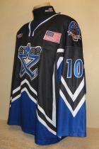 This one was worn breifley durnig the 2007-08 season by Kyle Follmer. Worn for the first 12 games, these black jerseys were replaced  due to jersey desing and numbering. Because of the star design on back, only 10" numbers fit on the back. They were replaced with 12" numbers. Has Teir 1 and Flag patches on front and Capitol shoulder patches. This is made by OT Sports and is a size 56.