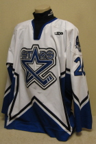 This one was worn during the 2006-07 season by Mike Hull. Manufactured by SP this one is a size 54. Has Stars patches on shoulder and SP logo on front, also SP and USHL logos on rear hem.  