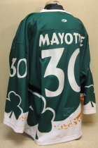Chris Mayotte #30 01-02 St. Pat's Day Special.  This one was worn by goalie Chris Mayotte. Worn obviously as a St. Pat's day special jersey, these were then raffled at the completion of the game. Chris was half of the SCM's goaltending crew that later went on to win the USHL Championship, "Clark Cup." Chris played & won that evening. Shows some were for a one-game-wonder. Made by OT Sports, this is sized XXXL-G. 