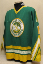 84-85 Steve O'Shea   This jersey was worn by goaltender Steve O'Shea during the 84-85 season. This style of jersey was worn by the Musketeers for three seasons starting the 82-83 campaign.  Steve O'Shea played two seasons for the Musketeers.  Light Wear. This "V" Style jersey is number 1 and made by Sindy's of Cleveland. 