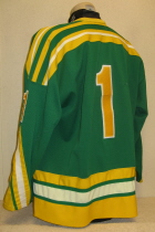 84-85 Steve O'Shea   This jersey was worn by goaltender Steve O'Shea during the 84-85 season. This style of jersey was worn by the Musketeers for three seasons starting the 82-83 campaign. However, judging by the wear, this one was only worn for the mentioned season. This "V" Style jersey is number 1 and made by Sindy's of Cleveland. 