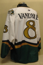 Jeff Van Dyke #8 White 2000-01.  This was worn by, Musketeer fan favorite, Jeff Van Dyke during the 2000-01 season. Jeff played in SC 3 seasons before being traded to the Lincoln Stars. Sholder patches, USHL chest crest and alternate's "A". It is manufactured by OT Sports and is sized XXL.