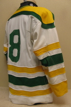 Paul Warden 80-81 & 81-82 These are from the first and second seasons of Sioux City USHL Junior A hockey. Worn briefly by Blair Swain, after a trade, Paul Warden wore this jersey for the remainder of the season as well as the complete next season. Made by Harv-Al Athletic Mfg. It is a sized "L."