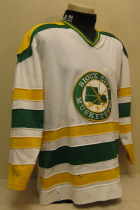 Paul Warden 80-81 & 81-82 These are from the first and second seasons of Sioux City USHL Junior A hockey. Worn briefly by Blair Swain, after a trade, Paul Warden wore this jersey for the remainder of the season as well as the complete next season. Made by Harv-Al Athletic Mfg. It is a sized "L."