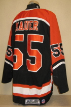 Omaha Lancers Nate Mauer 1997-98 This gamer was worn by Nate Mauuer during the 97-98 season. USHL crest on front and Bauer Tag and round USHL logo on rear hem, NOB. Shows nice overall wear. Made by Bauer, size 54.  