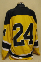 Rochester Mustangs Yellow #24  This jersey is from the final Mustang's season, 1999-2000. These were their home jerseys for close to 3 seasons. They show terrific wear. Still researching, the NOB has been removed. Manufactured by ProJoy.