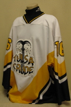 Tulsa Crude white #16 2001-02 This one was worn by Andrew Sterns during the one and only USHL season for the Crude. It is manufactured by OT Sports.