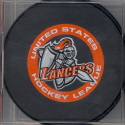 2004-05 new "Knight" Lancers logo version 2. These were was available at the start of the 04-05 season and were sold through some of the team stores or directly from the League supplier, OGP Enterprises. Each puck also has the official USHL logo on the reverse.