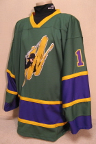 This jersey was worn during the 2007-08 season by Jon Swavely.  These were worn the first half of the season as a alternate jersey. They were auctioned off at the mid-point of the season.  Made by OT this is a size 56.