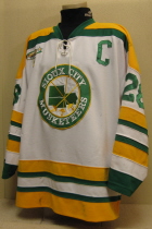 Justin Fletcher #28 2002-03 Throwback Jersey  This special throwback jersey (see first season jersey #30) was worn by Justin Fletcher. This commerated 30 years of Musketeer hockey. Used as an alternate, they were raffled of near the end of the season. It is a size 48, made by Gemini. 