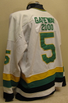 Worn by  Chad Buckhard during the 91-92 season. No player NOBs, instead, each jersey was sponsored by a different SC business. This one was sponsored by soon to be computer giant Gateway (2000). Size XL.